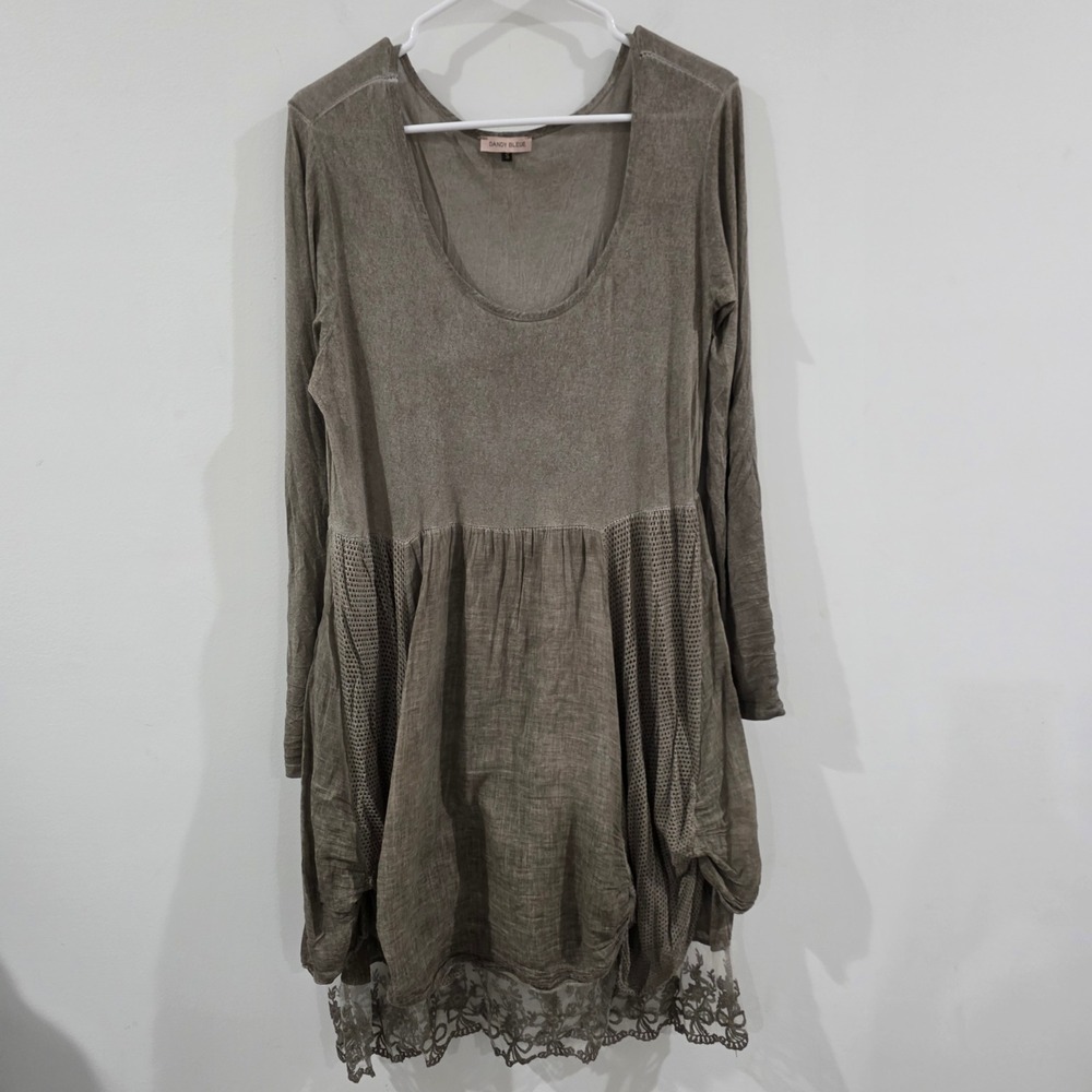 Womens Tunic Dress Size‎ Small Brown Lace Mesh Lagenlook Boho Italy Mixed Media
